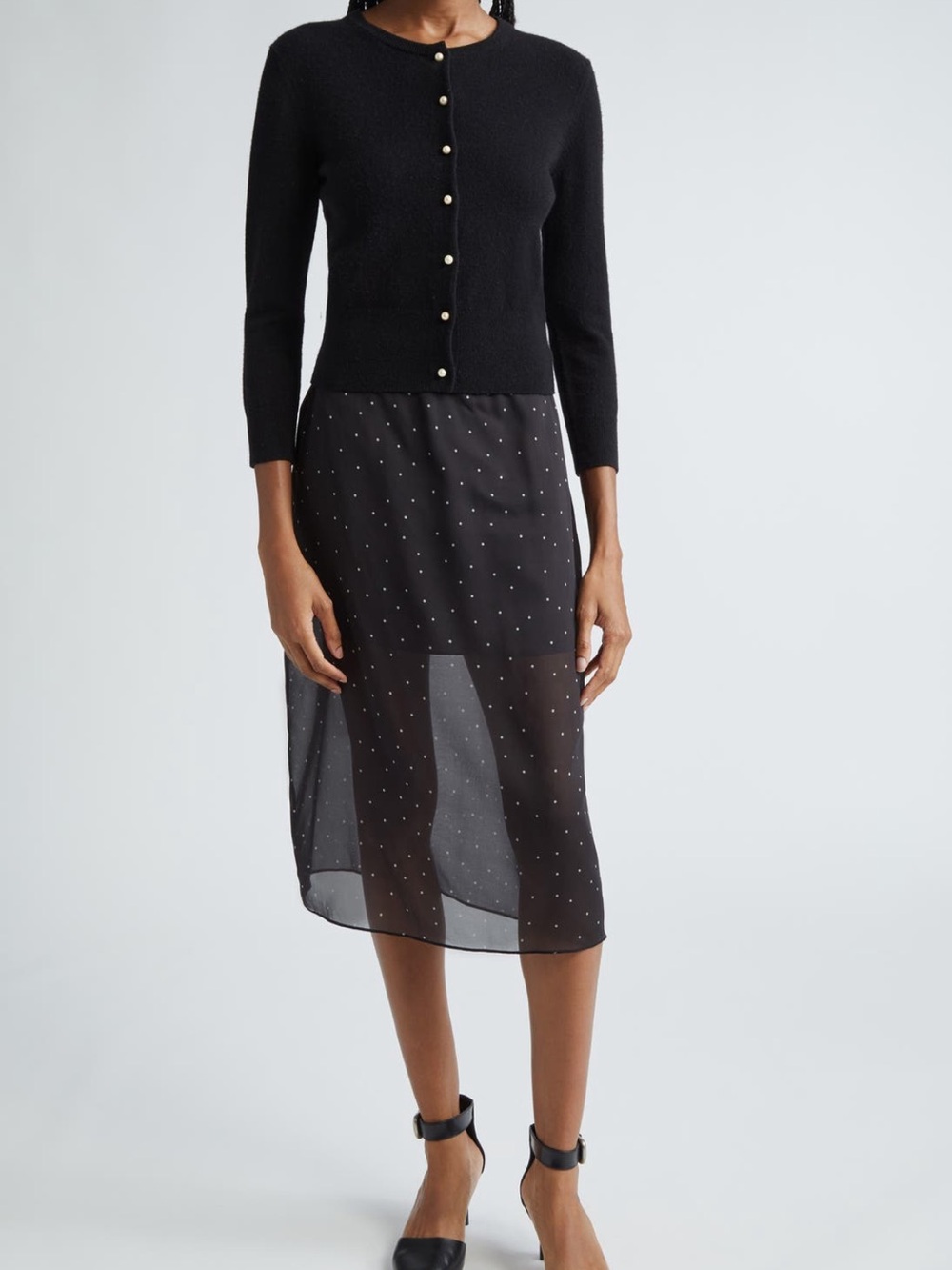 Vince Polka Dot Sheer
Stretch Silk Midi
Skirt size 4
